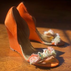 Beautifully embellished orange wedge sandals